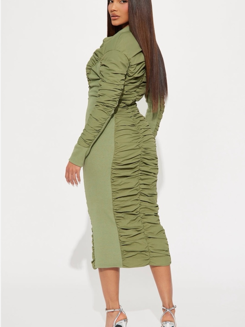 Fashion Nova Olive Ruched Long Sleeve Midi Dress